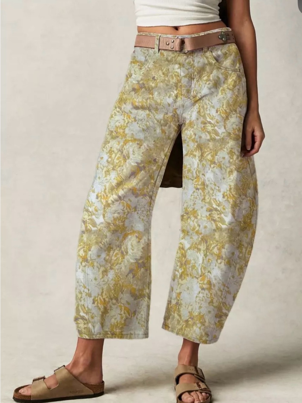 Amazon barrel Floral Print Wide-Leg Pants - Yellow/grey